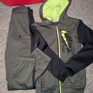 Nike Kids Olive and Black Jogger Set with Neon Accents